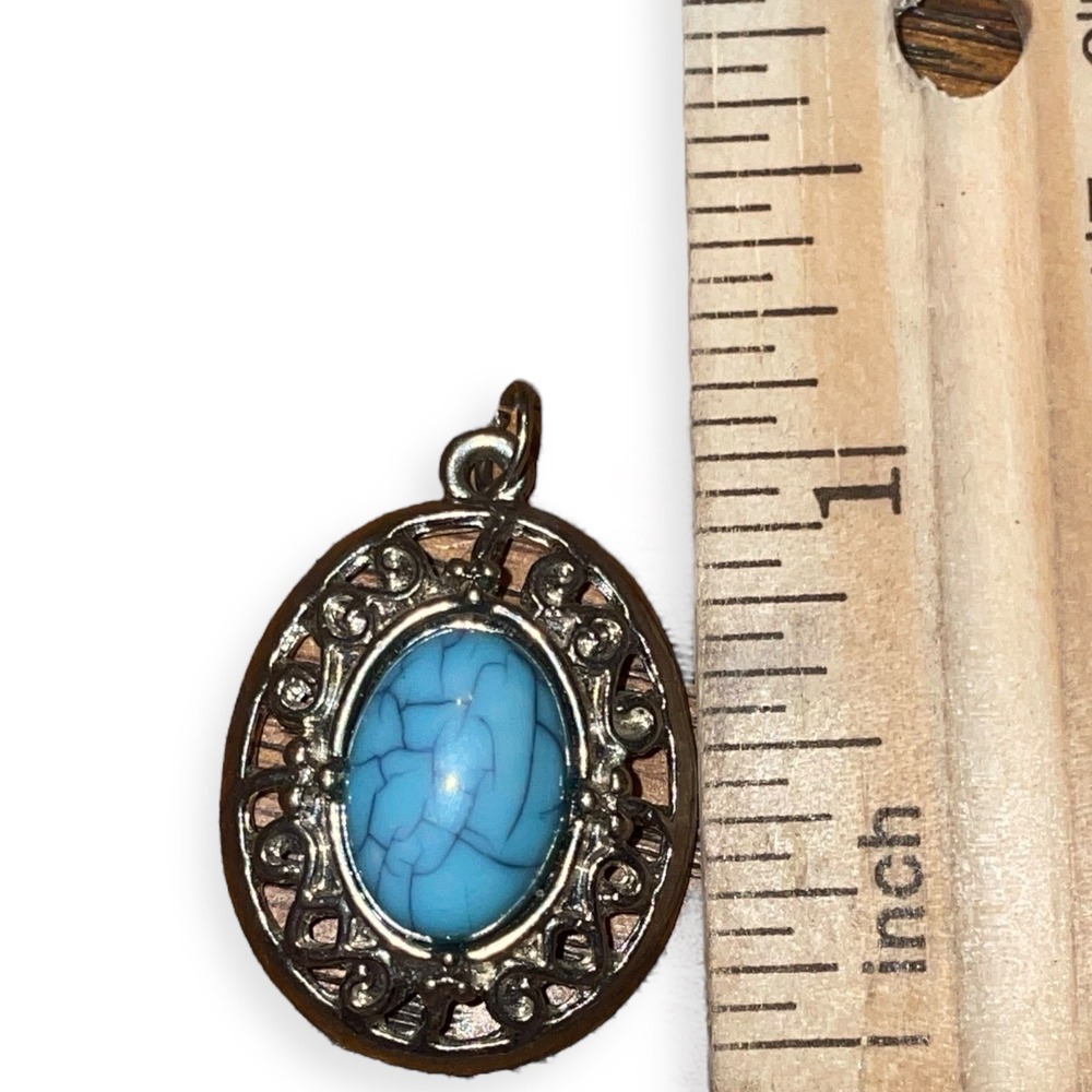 Faux Turquoise Cabochon Pendant Ornate Oval Southwestern Silver Tone Filigree - Picture 3 of 3